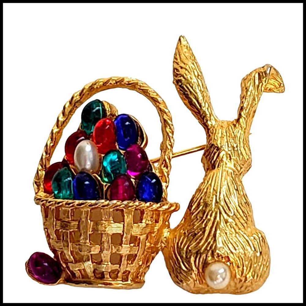 Vintage Pell Mary Beth Burchardt Easter Egg Basket Bunny Faux Pearl Cabochon Pin